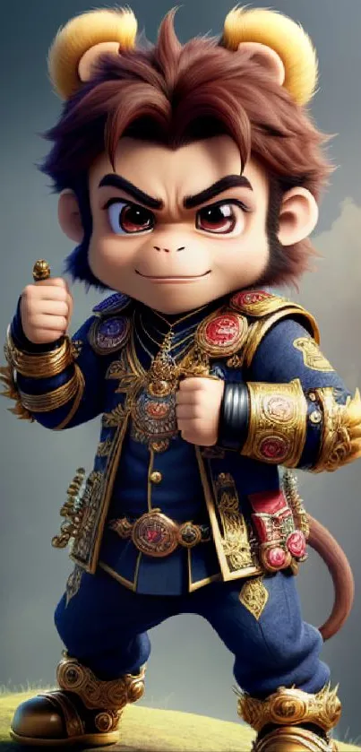 Adorable monkey warrior in detailed costume with vibrant colors.