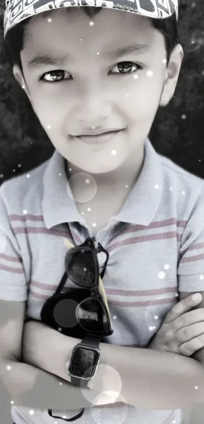 Monochrome portrait of a child with sunglasses and bokeh effect.