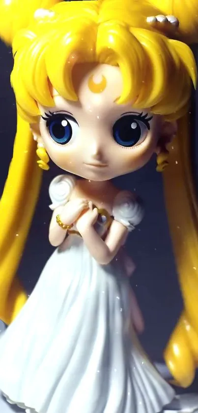 Anime moon princess in white dress with golden hair.