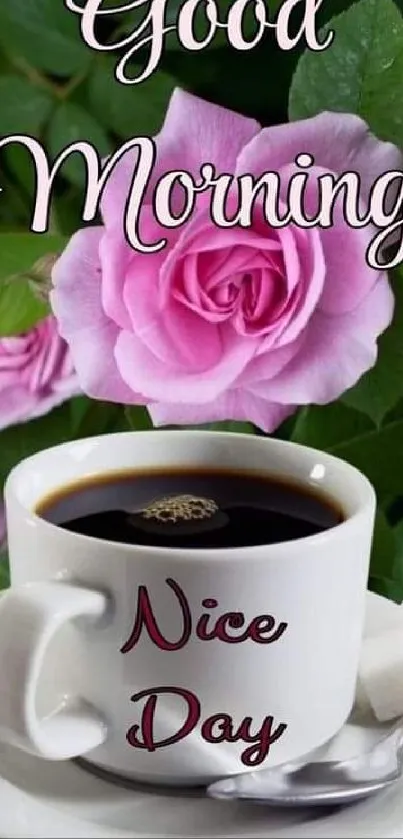 Good morning coffee with pink rose wallpaper.