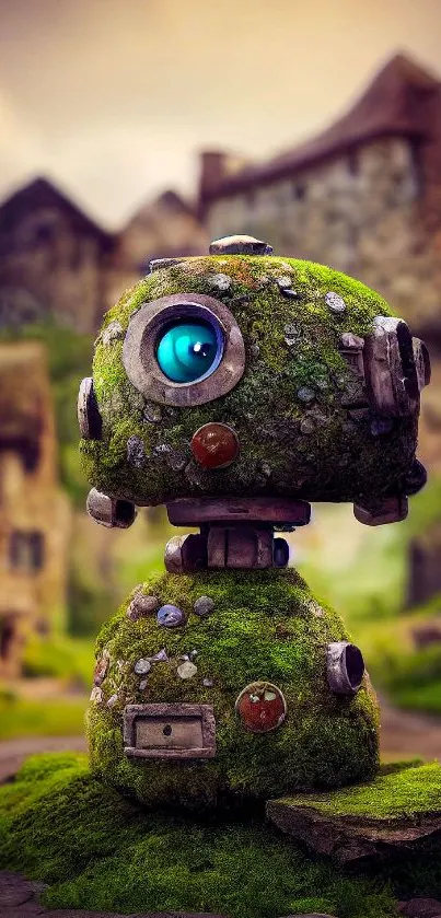 Whimsical moss-covered robot in village landscape.