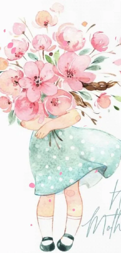 Mother's Day wallpaper with girl holding flowers in watercolor style.