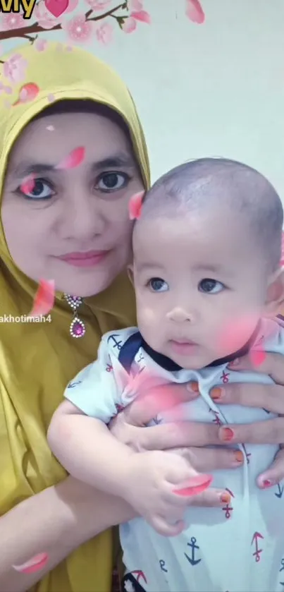 A mother holding her baby surrounded by floating pink petals.