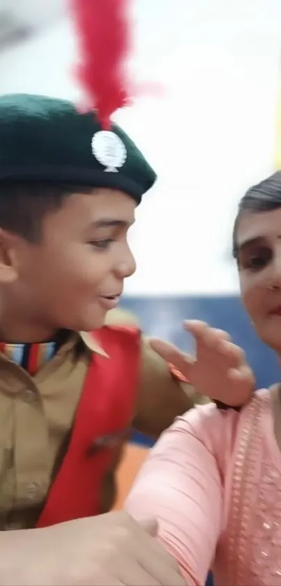 Mother and son sharing a heartwarming moment captured in a colorful portrait.