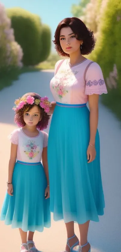 Mother and daughter in turquoise skirts, surrounded by nature's beauty.