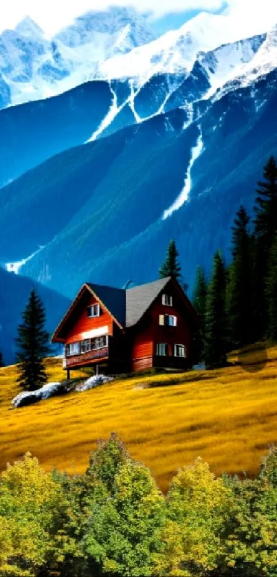 Red cabin in scenic mountain landscape wallpaper.