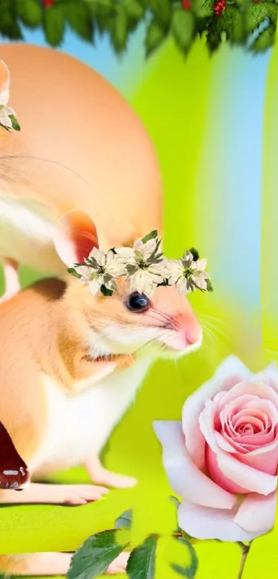 Cute mouse with flower crown and rose on a bright background.