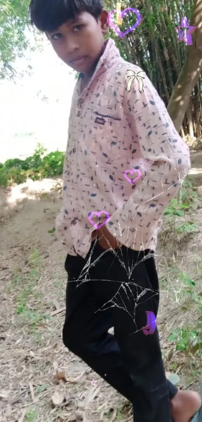 Young boy walking with playful doodles in a nature setting.