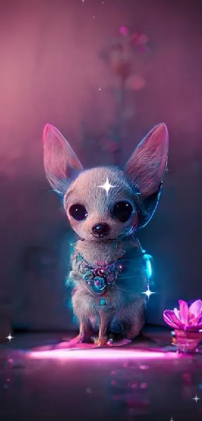 Cute Chihuahua with neon pink and blue background.