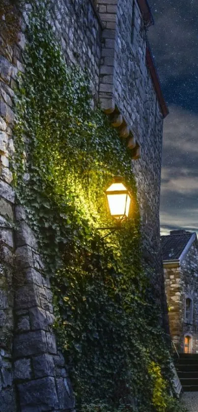 Charming night alley with glowing lamp and ivy-covered stone wall.