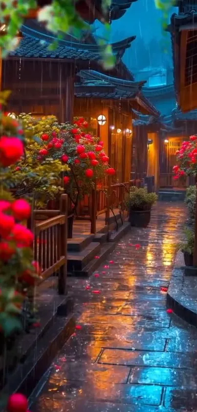 Charming rain-soaked alleyway with vibrant flowers and glowing lanterns.