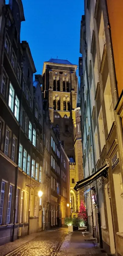 Urban night cityscape with historic architecture and vibrant blue sky.