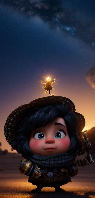Charming young explorer with fairy under a night sky.