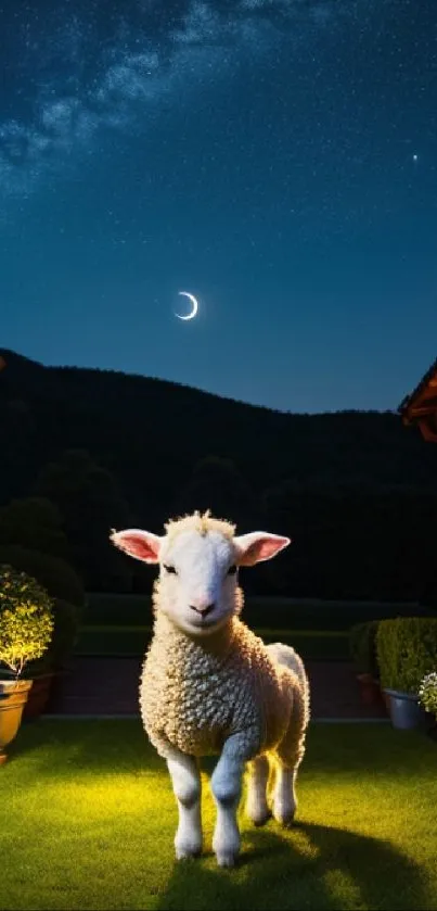 A sheep stands under a crescent moon in a starry night sky scene.