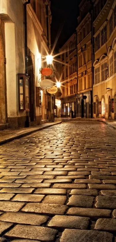 Cobblestone street at night with glowing street lamps.