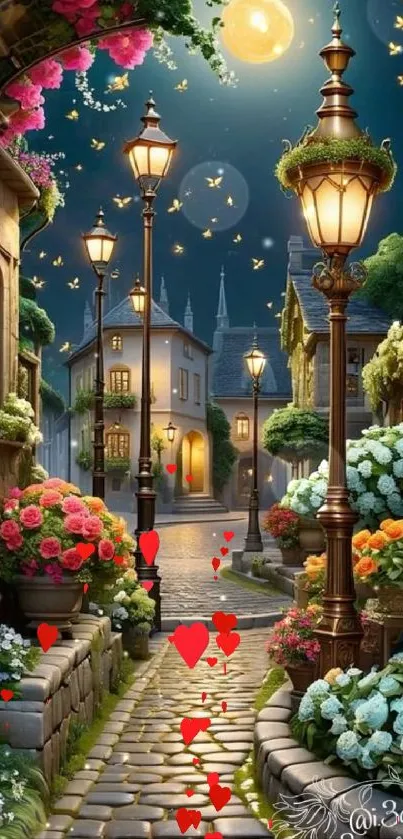 Night street scene with flowers and moon.