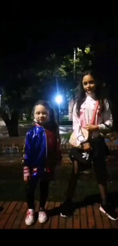 Nighttime portrait of two children on a street with vibrant jackets.