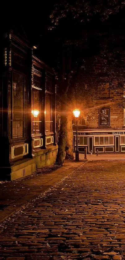 Charming nighttime street scene with glowing lamps and cobblestone pathways.