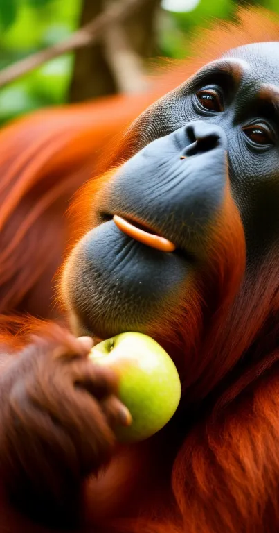 Orangutan holding a green apple with bright orange fur.