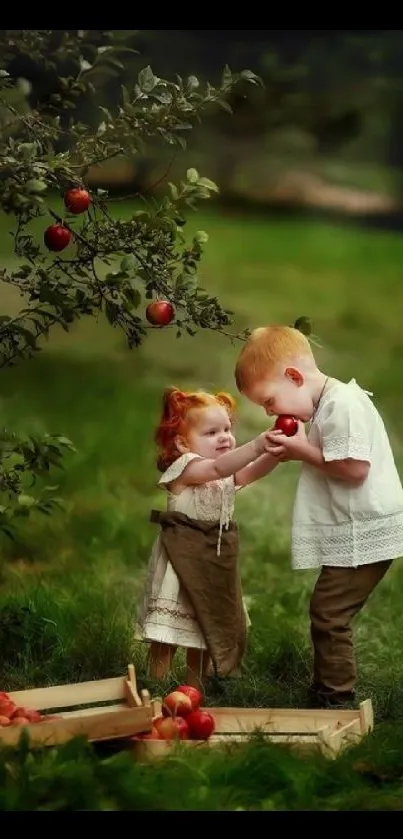 Two children picking apples in a lush green orchard, with a vintage, charming feel.