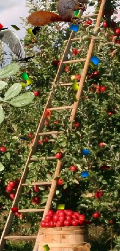 Rustic ladder in apple orchard with wildlife on mobile wallpaper.