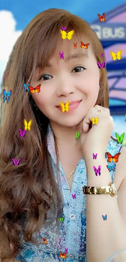 Charming woman at an outdoor bus stop with bright sky background.