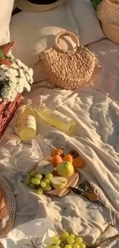 Sunlit picnic scene with fruits and wicker baskets on a blanket.