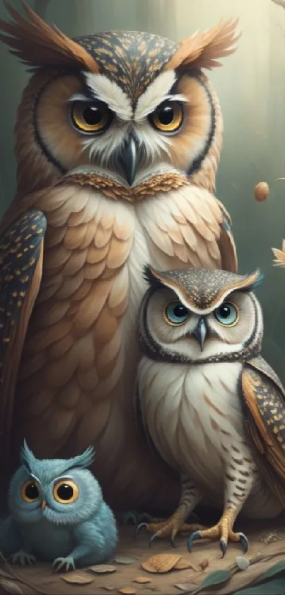 Charming illustration of an owl family in a serene forest setting.