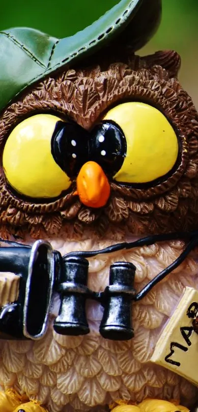 Charming owl figurine with a hat and binoculars in brown tones.