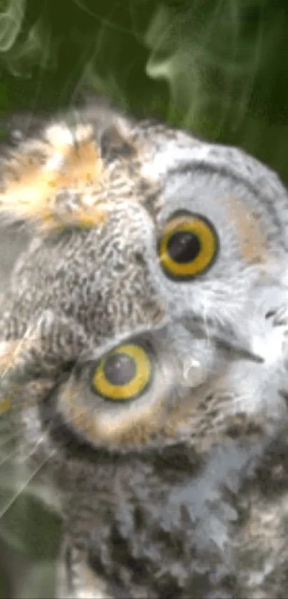 Curious owl with yellow eyes in a forest scene, perfect for mobile wallpaper.