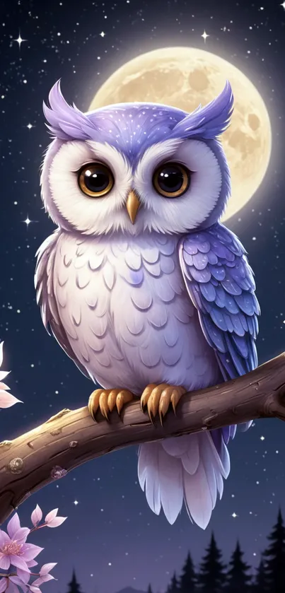 Mystical owl perched on branch under full moon with blossoms.