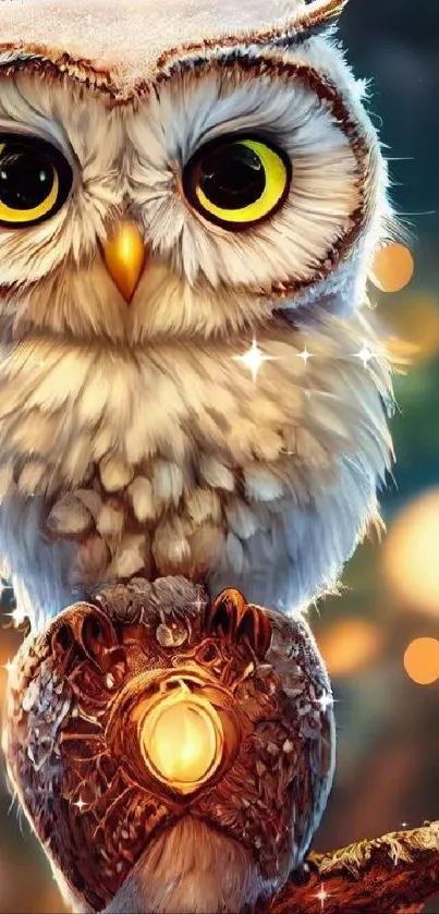 Adorable snowy owl with glowing eyes on branch.