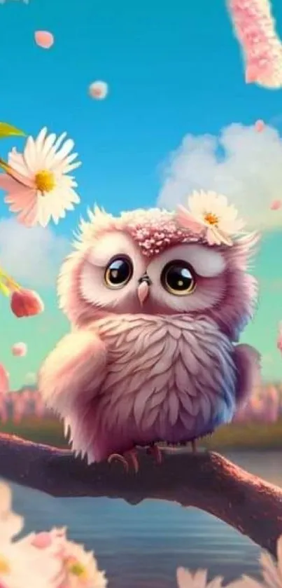 Charming owl on a branch with pink blossoms and a serene blue sky.