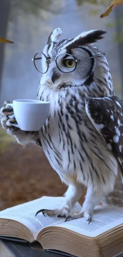 Wise owl with glasses holding a coffee cup on a book.