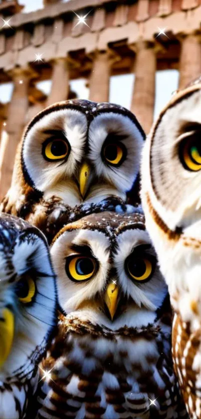 A group of owls with golden eyes in front of ancient ruins.