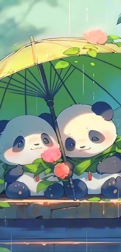 Adorable pandas under a green umbrella surrounded by pink flowers in rain.