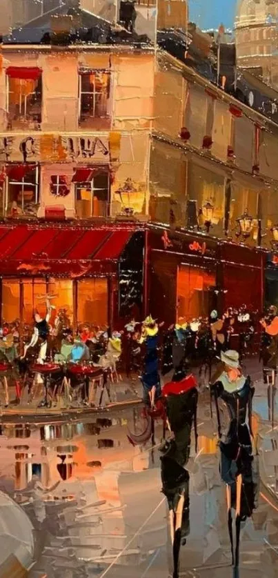 Vibrant Paris night scene with cafes and street lights.