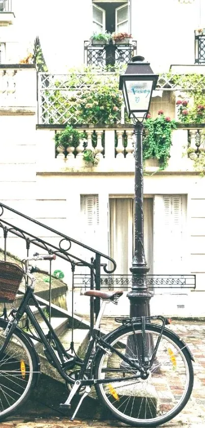 Vintage bicycle near a Parisian lamppost on a charming city street.