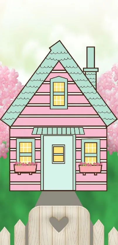 Pastel pink cottage with teal accents and blooming trees in a whimsical setting.