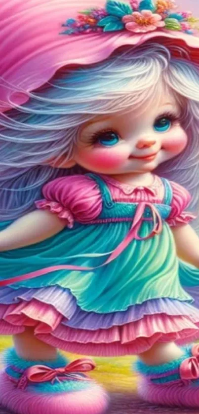 Whimsical pastel doll with vibrant dress and hat in a cute phone wallpaper.