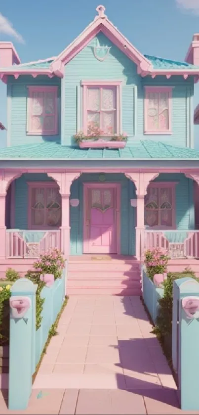 Charming pastel house with pink and blue colors, perfect for mobile wallpaper.