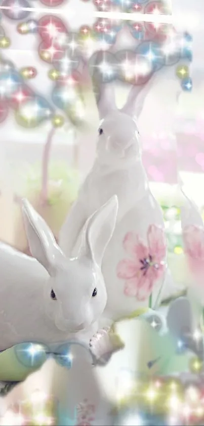 Pastel-colored rabbits with floral and bokeh accents wallpaper.