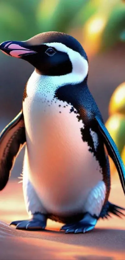 Charming penguin with vibrant colors on mobile wallpaper.