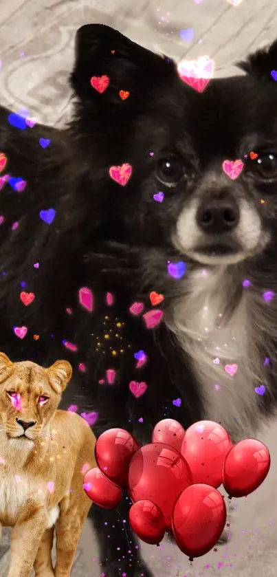 Cute dog and lion with hearts and balloons on a mobile wallpaper.