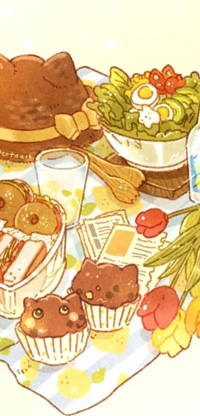 Charming picnic illustration with vibrant food items.