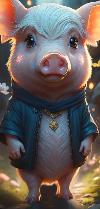 Adorable pig in a blue jacket stands charmingly in an enchanted forest setting.