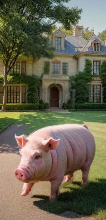 Pig standing in front of a beautiful manor with lush gardens and greenery.