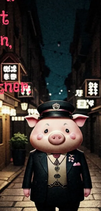 Cute pig dressed in a suit in a vintage alley at night.