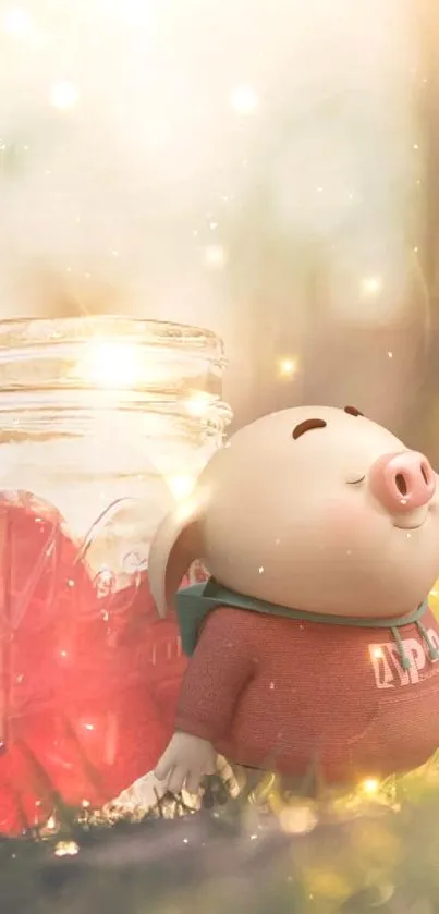 Cute piglet beside glowing jar mobile wallpaper.