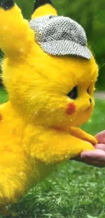 Adorable Pikachu extends paw to human hand on grassy field.